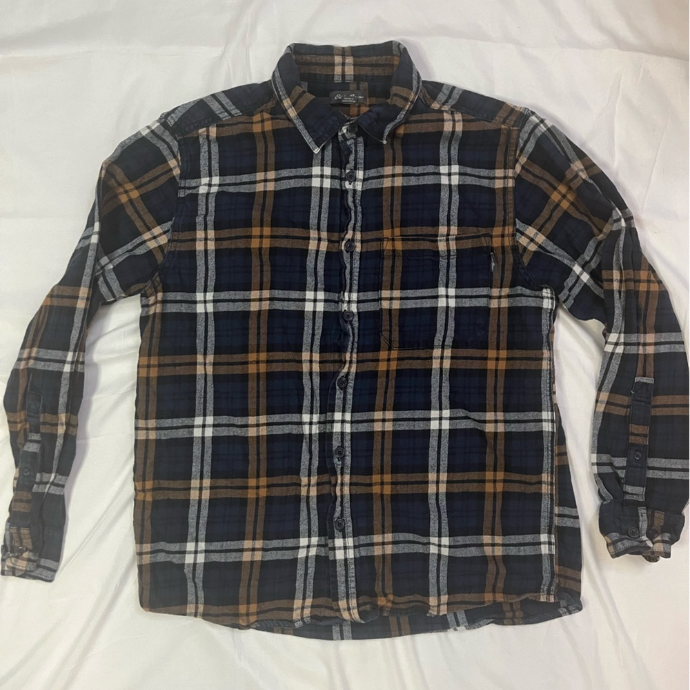 Eddie Bauer Men's Blue and Tan Plaid Shirt